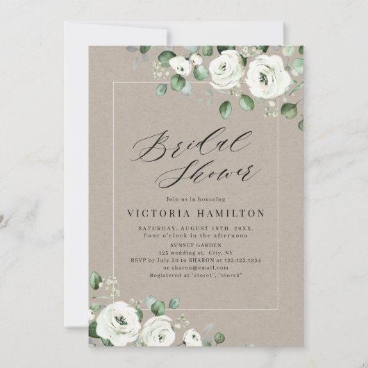 Invitation Eucalyptus verdure blanc fleuri nuptiale douche (Devant)
