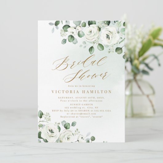 Invitation Eucalyptus verdure blanc fleuri nuptiale douche (Debout devant)