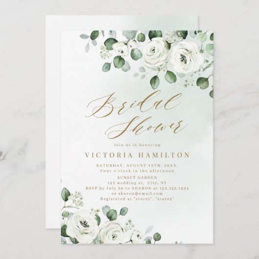 Invitation Eucalyptus verdure blanc fleuri nuptiale douche (Devant / Derrière)