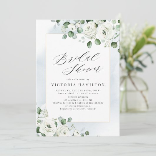 Invitation Eucalyptus verdure blanc fleuri nuptiale douche (Debout devant)