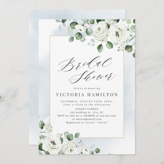 Invitation Eucalyptus verdure blanc fleuri nuptiale douche (Devant / Derrière)