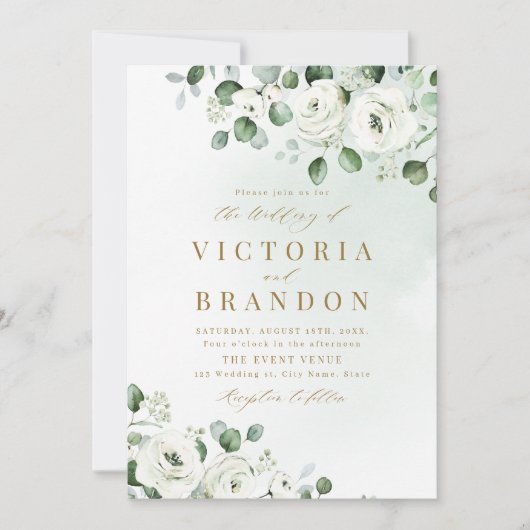 Invitation Eucalyptus verdure blanc fleuri rustique mariage (Devant)