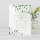 Invitation Eucalyptus verdure blanc fleuri rustique mariage (Debout devant)