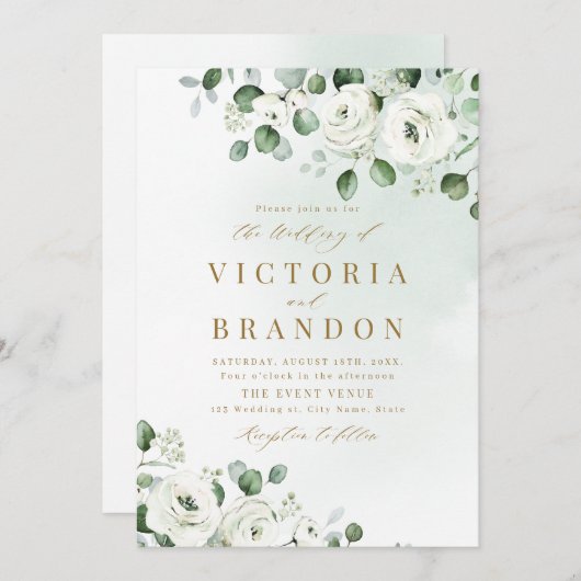 Invitation Eucalyptus verdure blanc fleuri rustique mariage (Devant / Derrière)