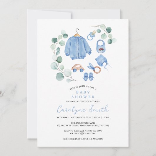 Invitation Eucalyptus Verdure Boho Vêtements Baby shower garç (Devant)