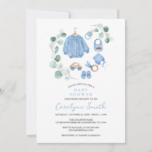 Invitation Eucalyptus Verdure Boho Vêtements Baby shower garç