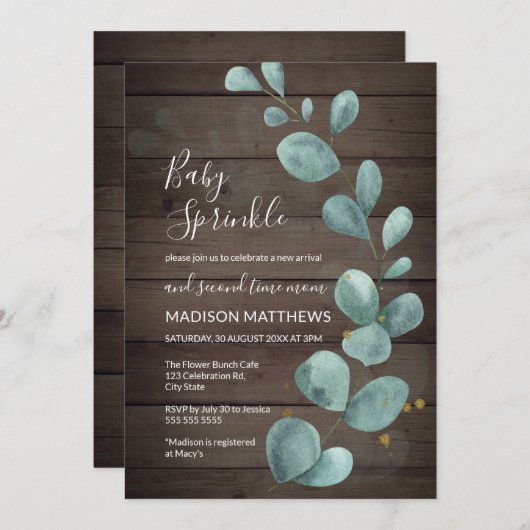 Invitation Eucalyptus Verdure Bois rustique Bébé Saupoudrer I (Devant / Derrière)