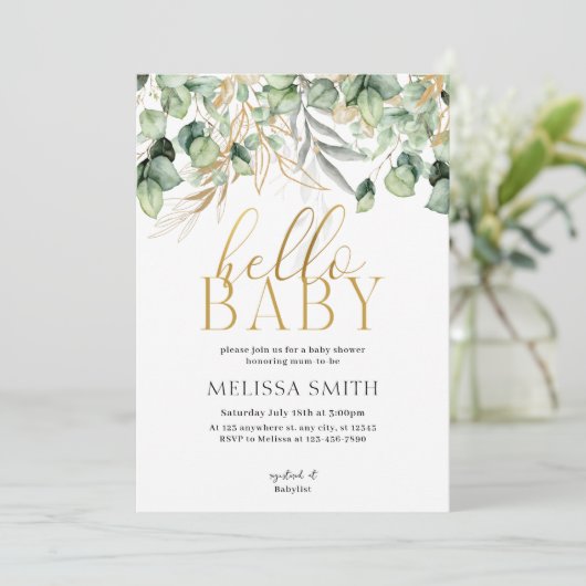 Invitation Eucalyptus verdure Bonjour Baby shower (Debout devant)