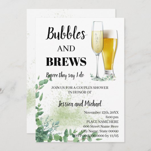 Invitation Eucalyptus Verdure Bubble & Brews Couples Douche (Devant / Derrière)