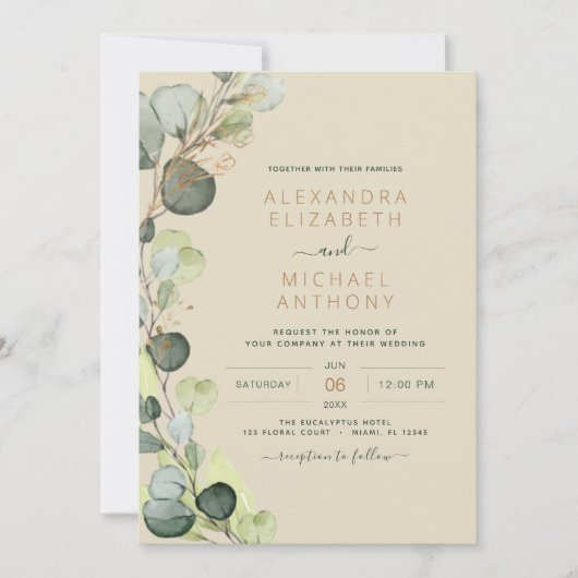Invitation Eucalyptus Verdure Champagne Mariage d'or beige (Devant)