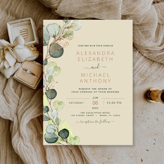 Invitation Eucalyptus Verdure Champagne Mariage d'or beige