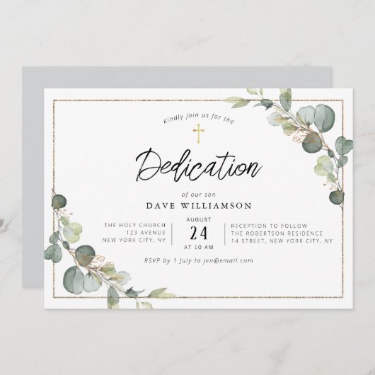 Invitation eucalyptus verdure élégance cadre dédicace (Devant / Derrière)