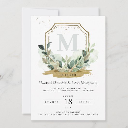 Invitation Eucalyptus Verdure Élégant Mariage Gold Crest (Devant)
