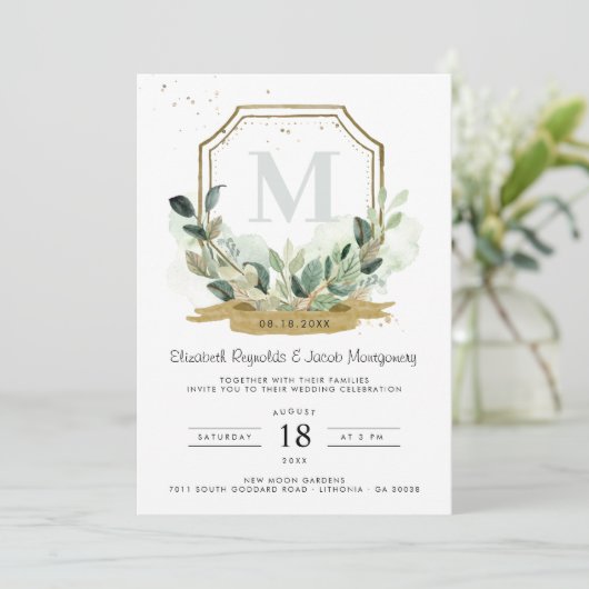 Invitation Eucalyptus Verdure Élégant Mariage Gold Crest (Debout devant)