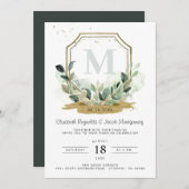 Invitation Eucalyptus Verdure Élégant Mariage Gold Crest (Devant / Derrière)