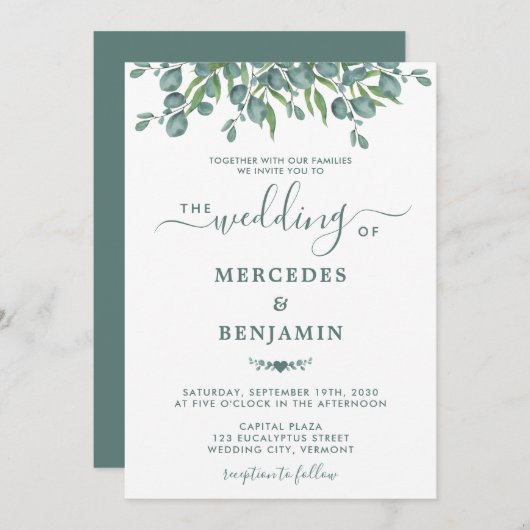 Invitation Eucalyptus Verdure Élégant Mariage Sage (Devant / Derrière)