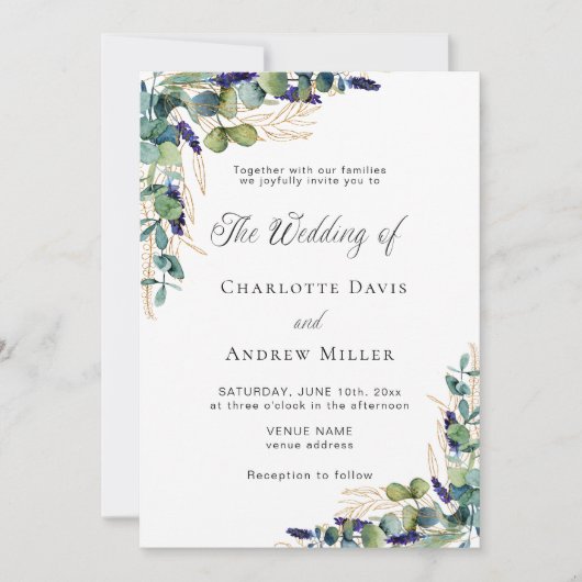 Invitation Eucalyptus verdure élégant mariage script (Devant)
