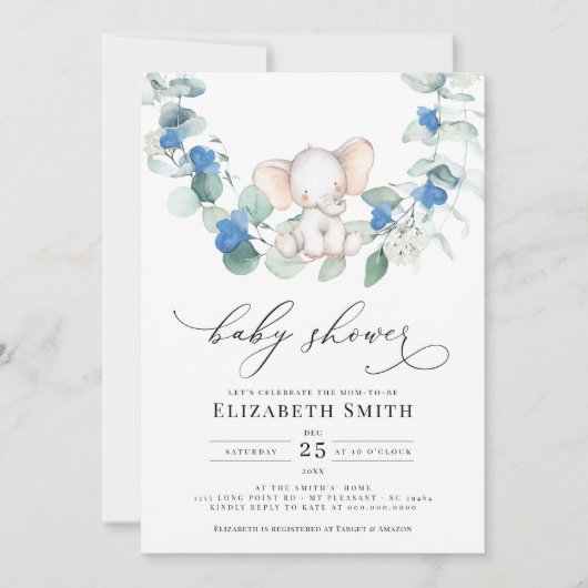 Invitation Eucalyptus verdure Elephant Bleu bébé garçon douch (Devant)