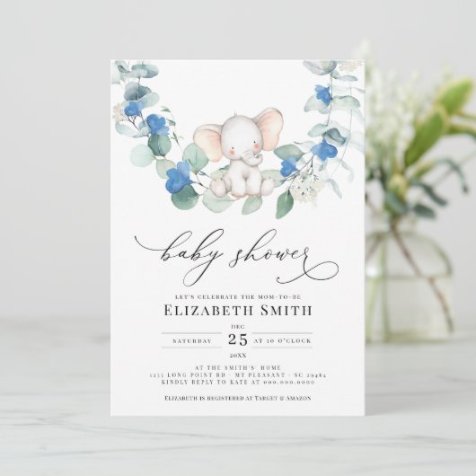 Invitation Eucalyptus verdure Elephant Bleu bébé garçon douch (Debout devant)