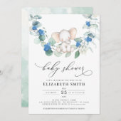 Invitation Eucalyptus verdure Elephant Bleu bébé garçon douch (Devant / Derrière)