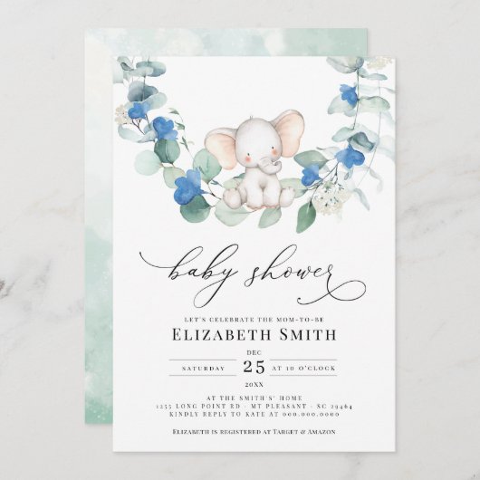 Invitation Eucalyptus verdure Elephant Bleu bébé garçon douch (Devant / Derrière)