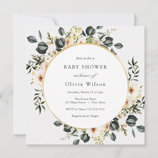 Invitation Eucalyptus Verdure et Baby shower floral ivoire (Devant)