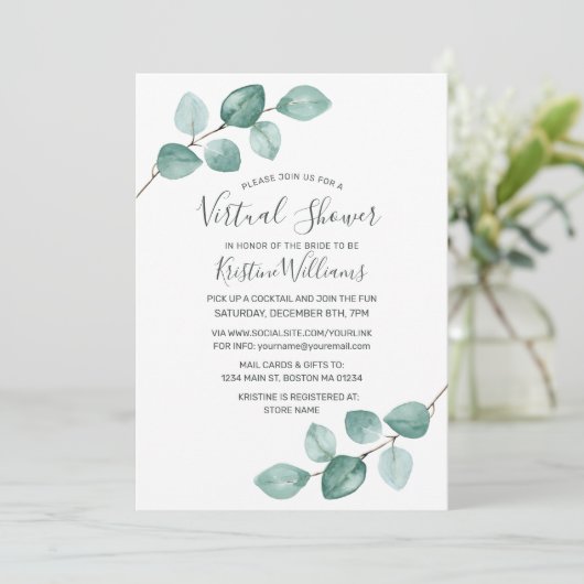 Invitation Eucalyptus verdure Fête des mariées virtuelle noir (Debout devant)