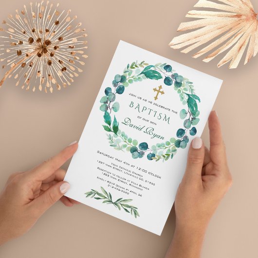 Invitation Eucalyptus Verdure Feuillage Wreath Cross Baptême