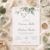 Invitation Eucalyptus Verdure Feuilles Dorées Mariage Élégant