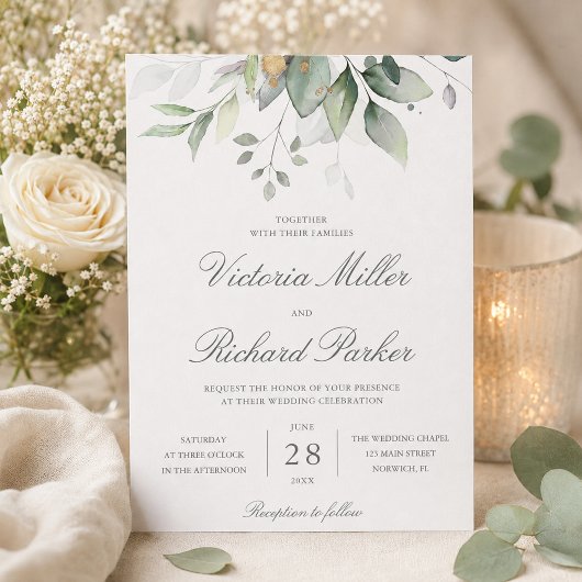 Invitation Eucalyptus Verdure Feuilles Dorées Mariage Élégant