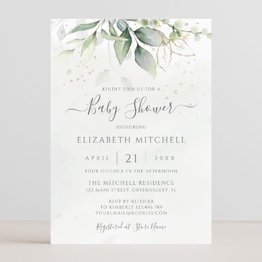 Invitation Eucalyptus Verdure Feuilles Elégant Baby shower