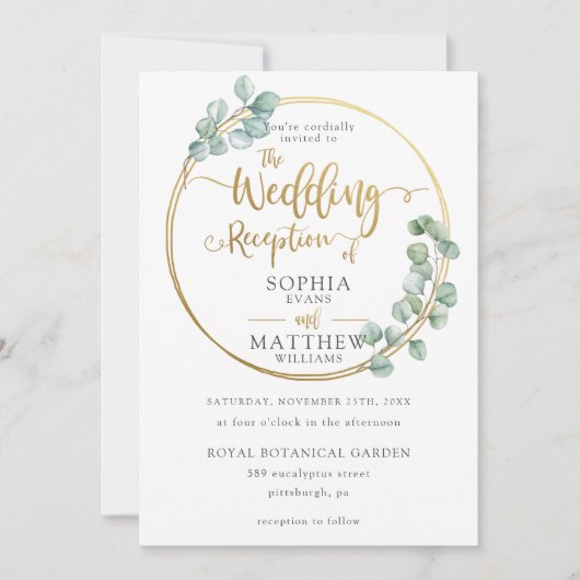 Invitation Eucalyptus Verdure Gold Frame Réception de mariage (Devant)
