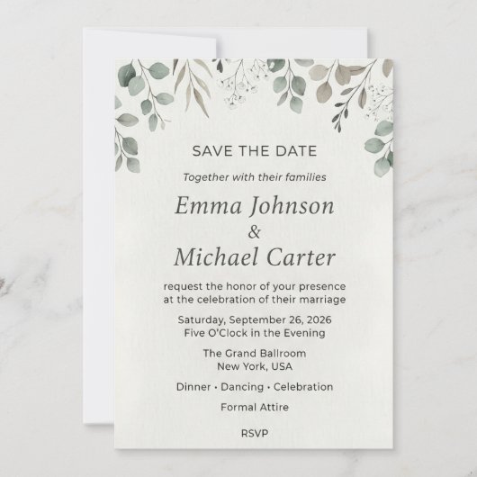 Invitation Eucalyptus Verdure & Gypsophile Save (Devant)