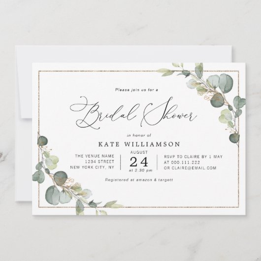 Invitation eucalyptus verdure lettrage douche nuptiale (Devant)