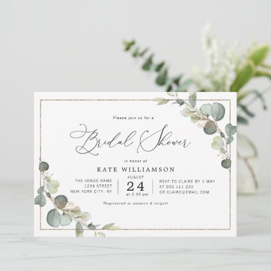 Invitation eucalyptus verdure lettrage douche nuptiale (Debout devant)