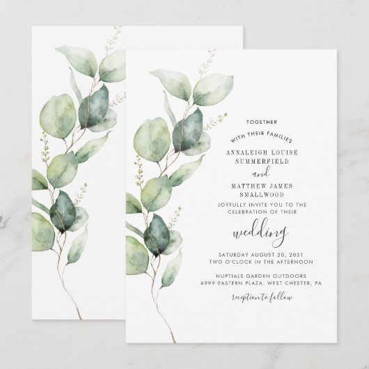 Invitation Eucalyptus Verdure Mariage moderne (Devant / Derrière)