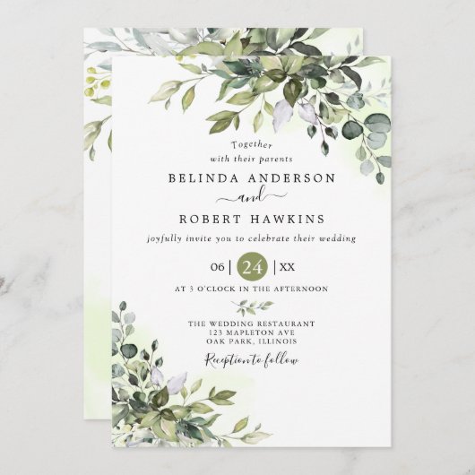 Invitation Eucalyptus Verdure Mariage succulent (Devant / Derrière)