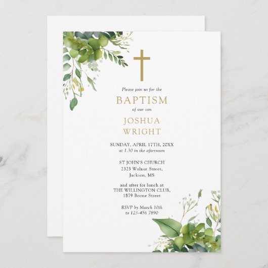 Invitation Eucalyptus Verdure Monogramme Baptême Christening (Devant / Derrière)