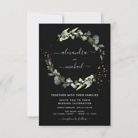 Invitation Eucalyptus Verdure Noir Mariage élégant (Devant)