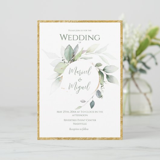 Invitation Eucalyptus Verdure or Aquarelle Mariage moderne (Debout devant)