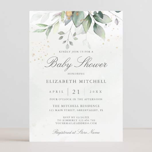 Invitation Eucalyptus Verdure Or Baby shower élégant