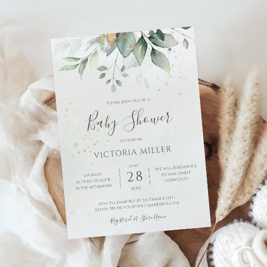 Invitation Eucalyptus Verdure Or Baby shower élégant