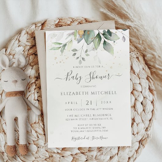 Invitation Eucalyptus Verdure Or Baby shower élégant