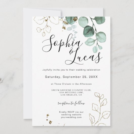 Invitation Eucalyptus Verdure Or Élégant Mariage de feuillage (Devant)