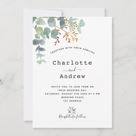 Invitation Eucalyptus verdure or élégant script mariage (Devant)