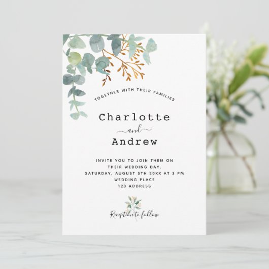 Invitation Eucalyptus verdure or élégant script mariage (Debout devant)