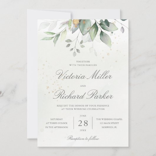 Invitation Eucalyptus Verdure Or Feuilles mariage élégant (Devant)