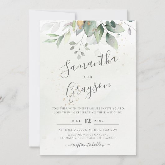 Invitation Eucalyptus Verdure Or Feuilles mariage élégant (Devant)