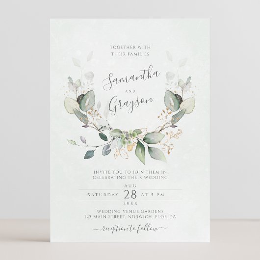 Invitation Eucalyptus Verdure Or Feuilles mariage élégant