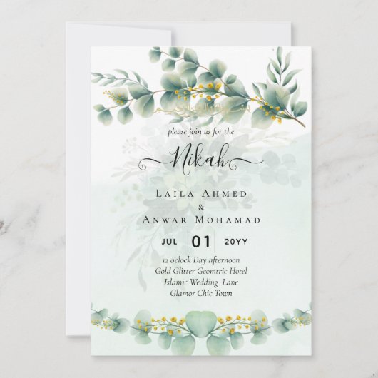 Invitation Eucalyptus Verdure Or MARIAGE QR CODE Moderne (Devant)